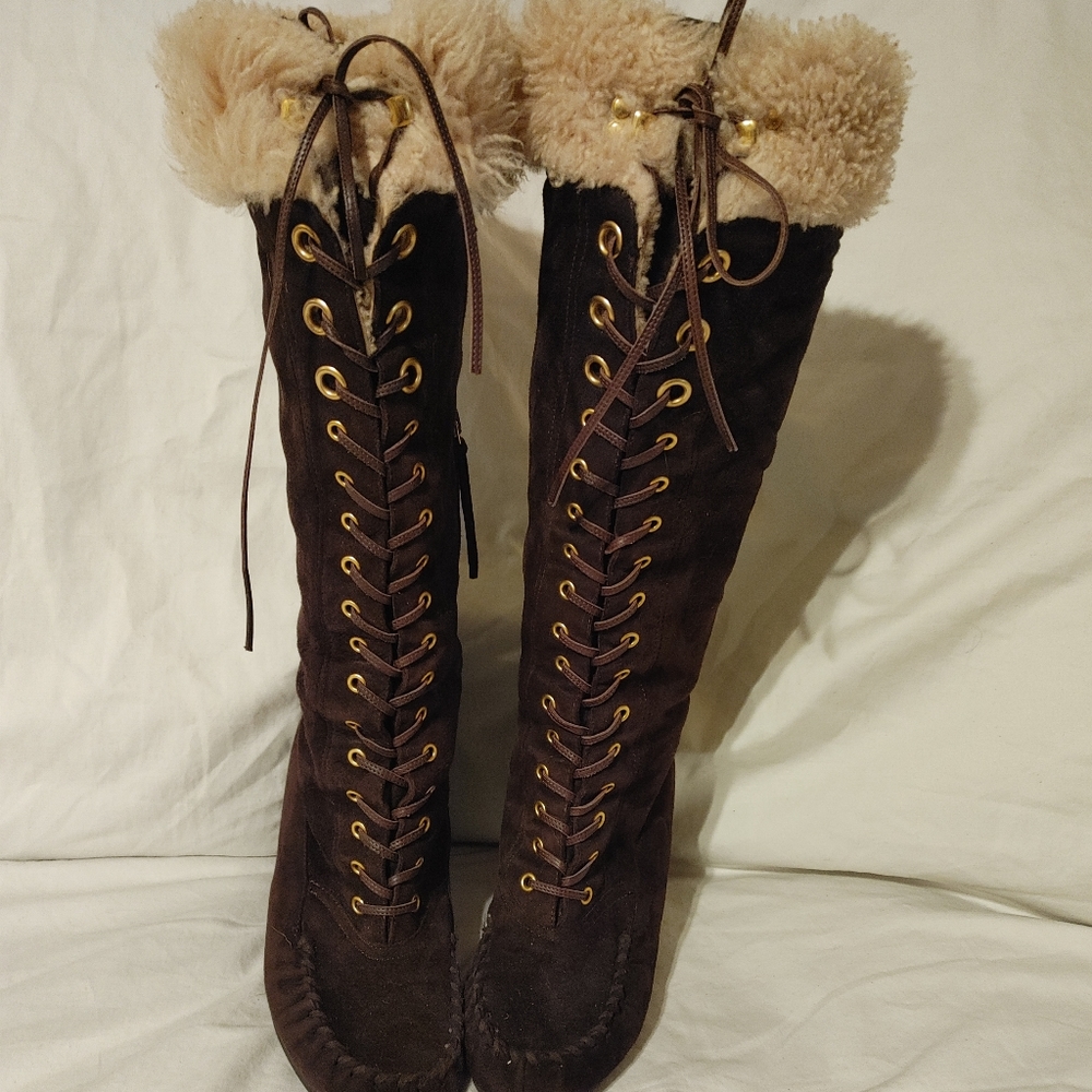 Miu miu suede brown wedge boot with inside Shearling size 7.5 Never worn